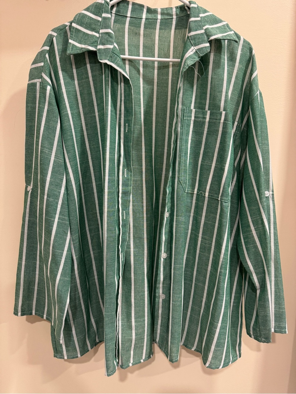 SHEIN Green and White Striped Button-Down Shirt